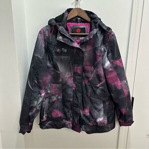 Hawke & Co Women's Medium Sport Outerwear Black Pink Geometric Print Hooded Coat